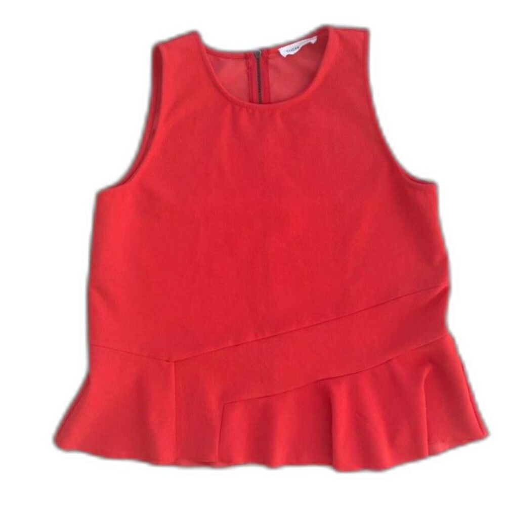 Sugar & Lips Asymmetric Peplum Top Red Orange Sleeveless Zip Back Blouse S
